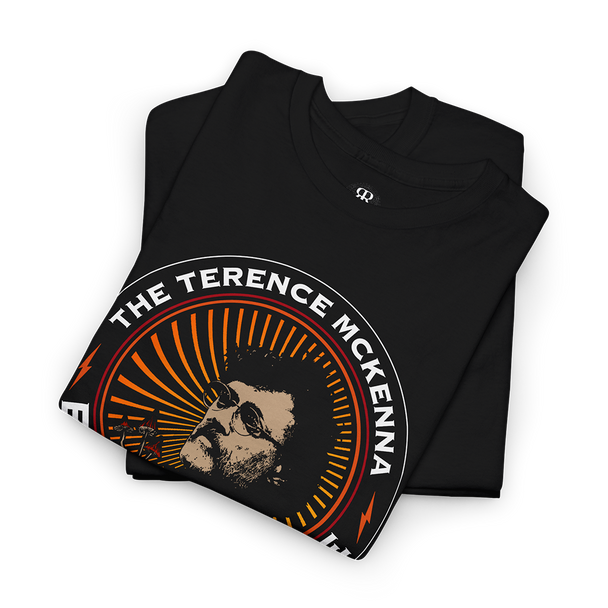 Black T-shirt with a graphic print in the center featuring a stylized image of Terence McKenna and the text 'The Terence McKenna Experience'.