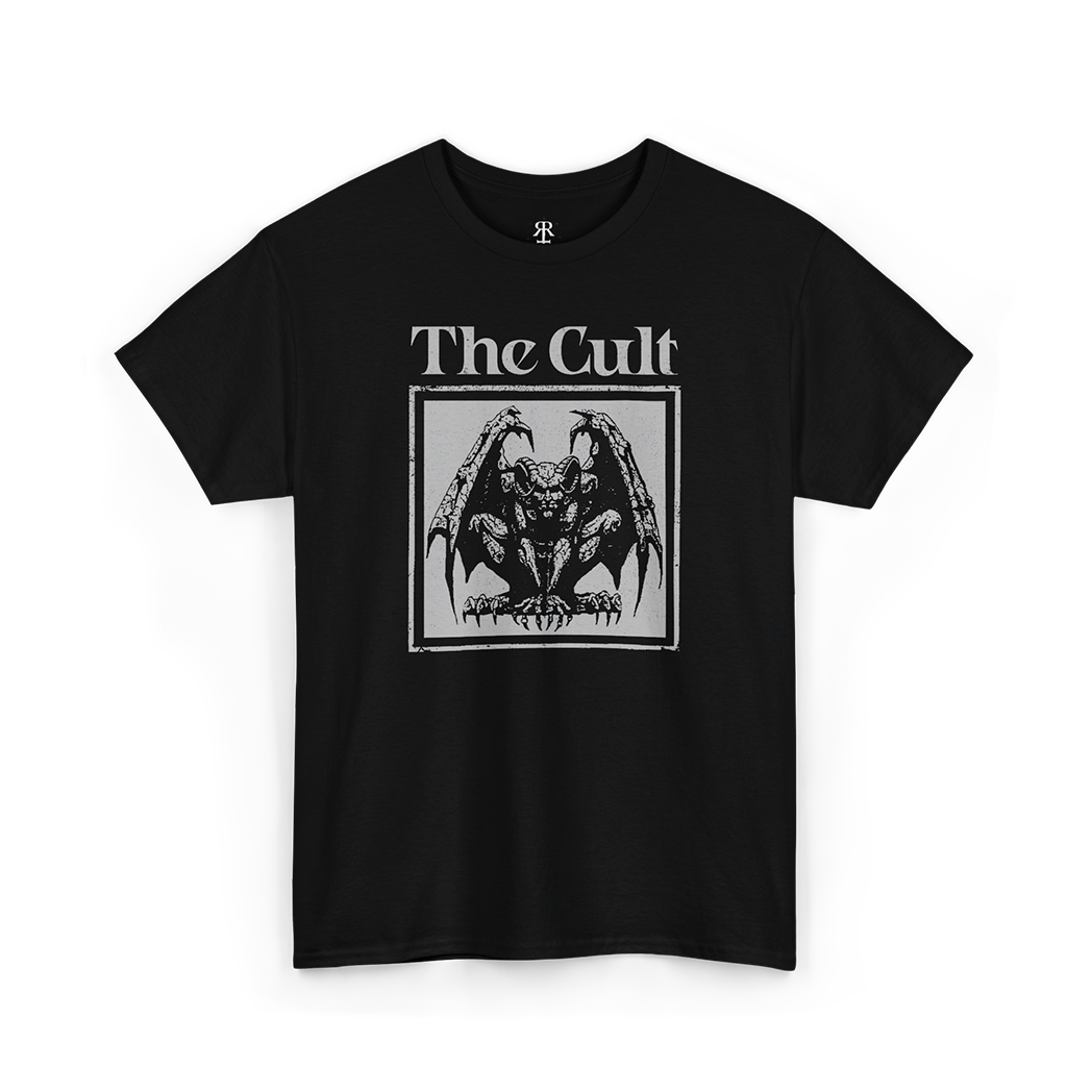 Black T-shirt with 'The Cult' band logo and a graphic of a gargoyle