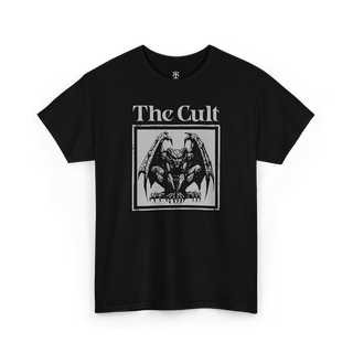 Black T-shirt with 'The Cult' band logo and a graphic of a gargoyle