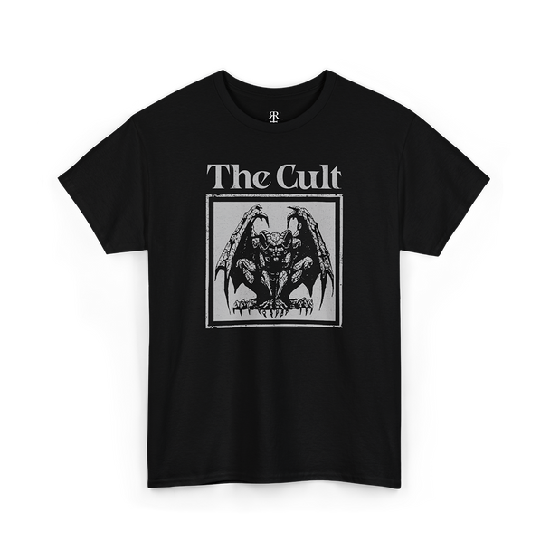 Black T-shirt with 'The Cult' band logo and a graphic of a gargoyle