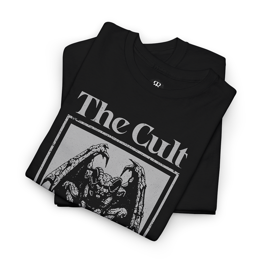 Black T-shirt with 'The Cult' band logo and a graphic of a gargoyle