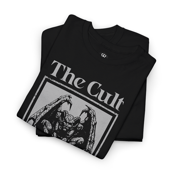 Black T-shirt with 'The Cult' band logo and a graphic of a gargoyle