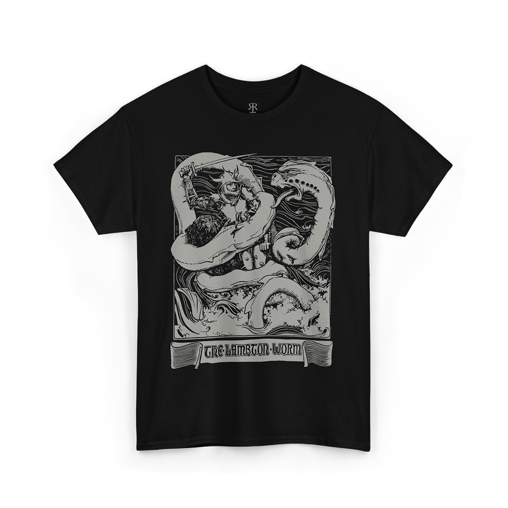 The Lambton Worm T-Shirt, showing mythological worm figthing the knight