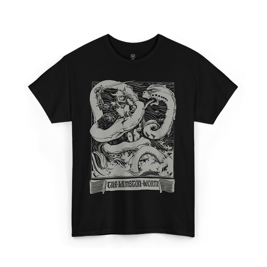 The Lambton Worm T-Shirt, showing mythological worm figthing the knight
