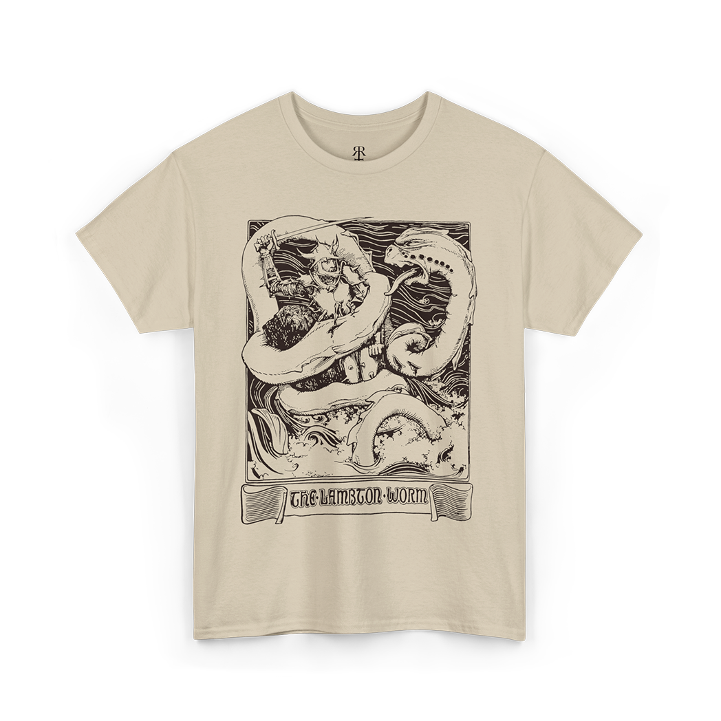 The Lambton Worm T-Shirt, showing mythological worm figthing the knight, sand