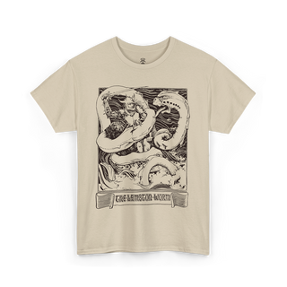 The Lambton Worm T-Shirt, showing mythological worm figthing the knight, sand