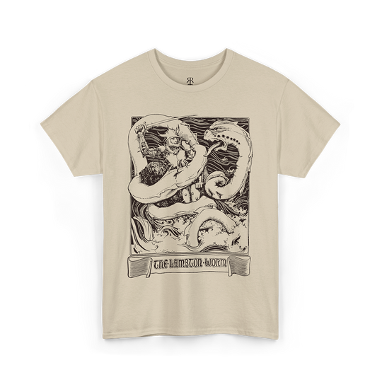 The Lambton Worm T-Shirt, showing mythological worm figthing the knight, sand