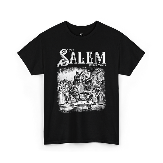 Black t-shirt with a white graphic print depicting a scene from the Salem Witch Trials
