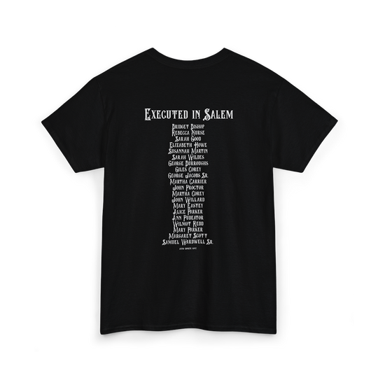 Black t-shirt with a print of list of people executed in Salem