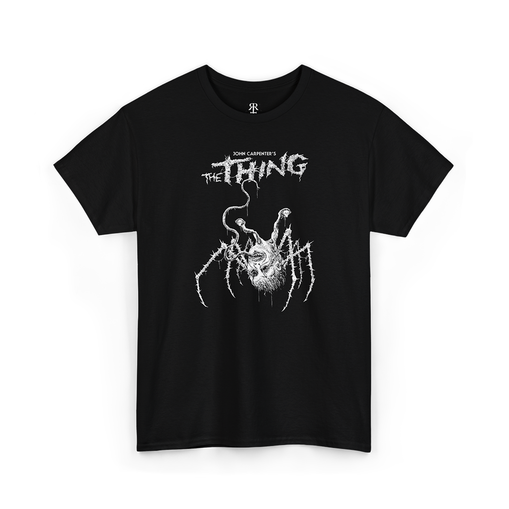 Black t-shirt with 'The Thing' graphic design showing alien