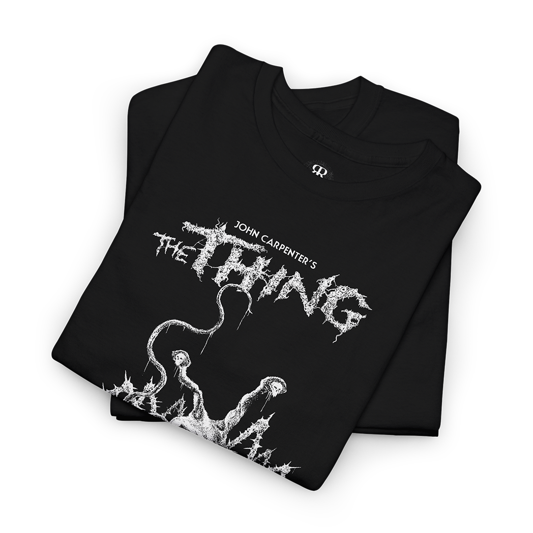 Black t-shirt with 'The Thing' graphic design showing alien