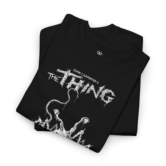Black t-shirt with 'The Thing' graphic design showing alien