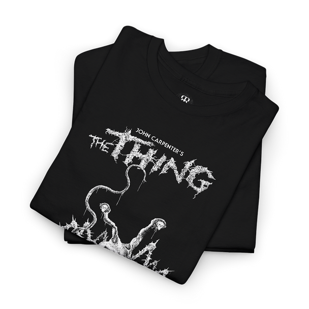 Black t-shirt with 'The Thing' graphic design showing alien