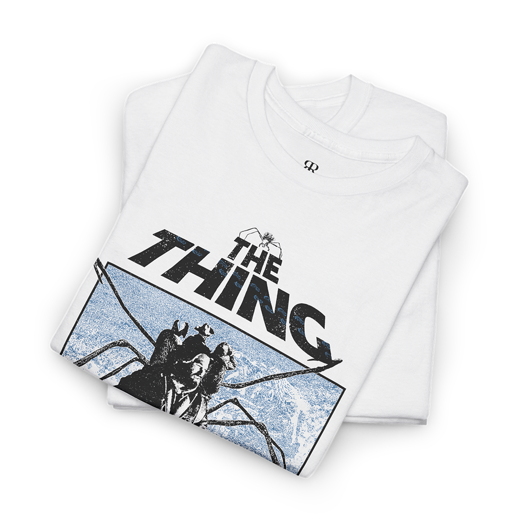 Folded white t-shirt with 'The Thing' graphic design