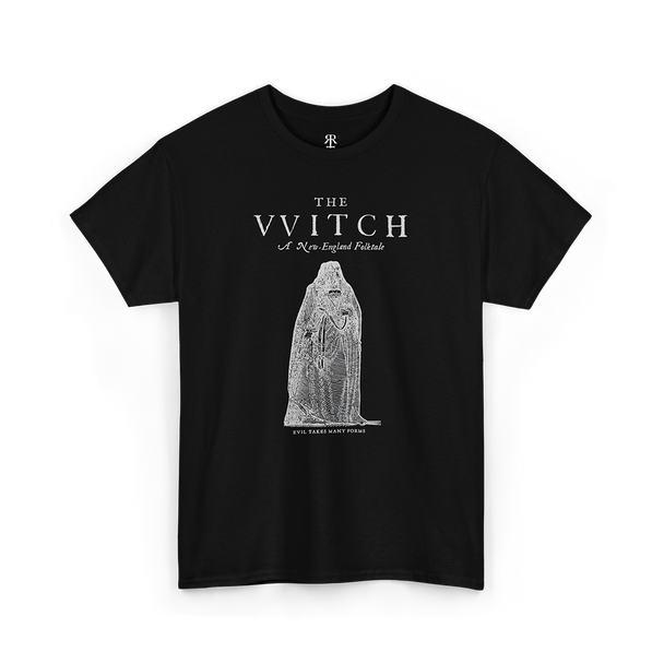 Black T-shirt with the text 'THE VVITCH' and an illustration of a witch on it.