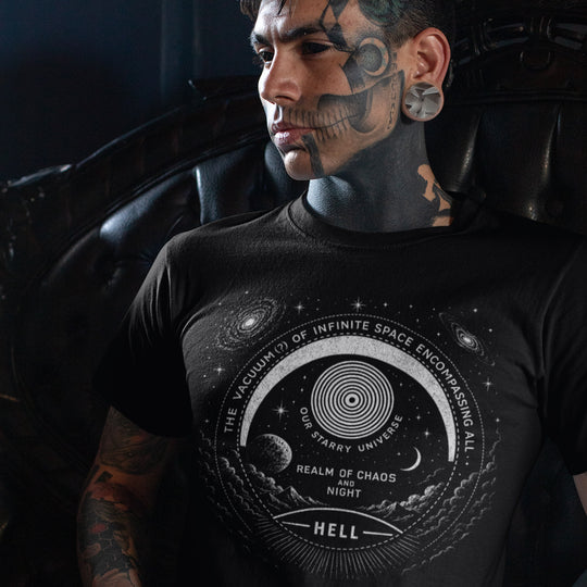 Tattooed man wearing Vacuum of Infinite Space t-shirt