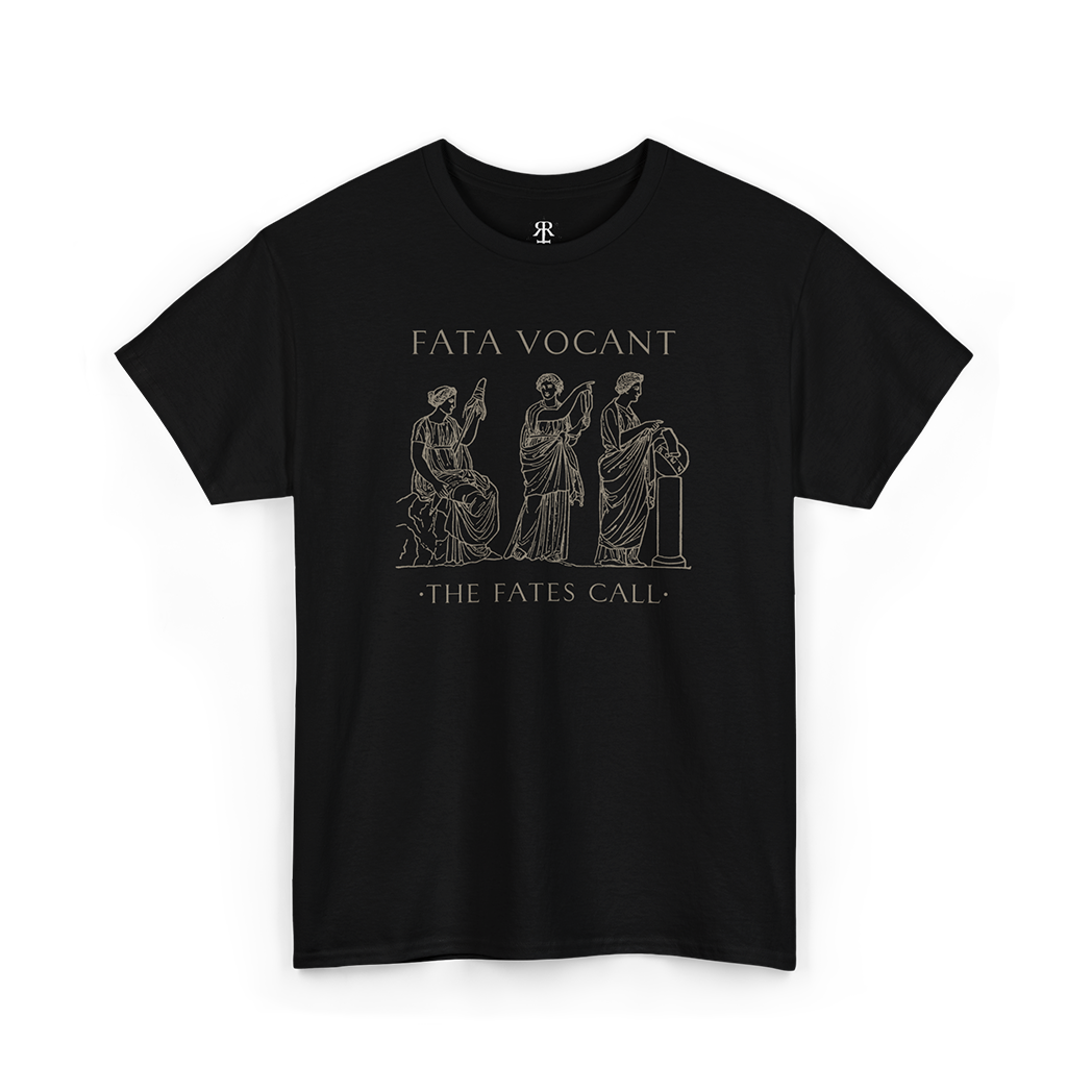 Black crew neck t-shirt with a graphic print of three female figures and the text 'FATA VOCANT - THE FATES CALL' on the front.