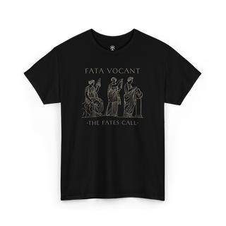 Black crew neck t-shirt with a graphic print of three female figures and the text 'FATA VOCANT - THE FATES CALL' on the front.