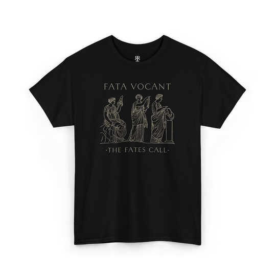 Black crew neck t-shirt with a graphic print of three female figures and the text 'FATA VOCANT - THE FATES CALL' on the front.
