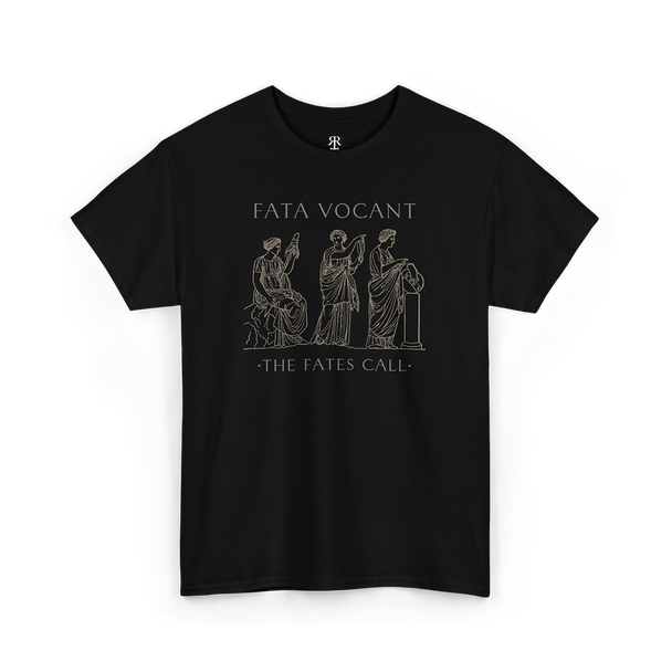 Black crew neck t-shirt with a graphic print of three female figures and the text 'FATA VOCANT - THE FATES CALL' on the front.