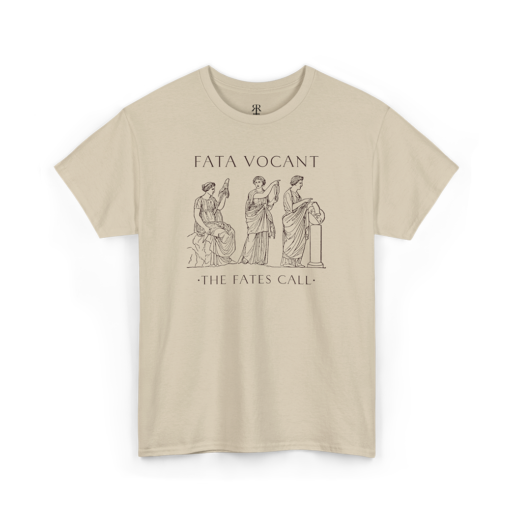 Sand crew neck t-shirt with a graphic print of three female figures and the text 'FATA VOCANT - THE FATES CALL' on the front.