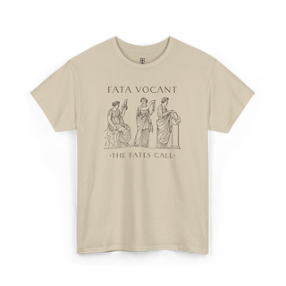 Sand crew neck t-shirt with a graphic print of three female figures and the text 'FATA VOCANT - THE FATES CALL' on the front.