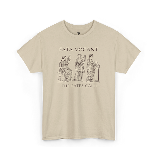 Sand crew neck t-shirt with a graphic print of three female figures and the text 'FATA VOCANT - THE FATES CALL' on the front.