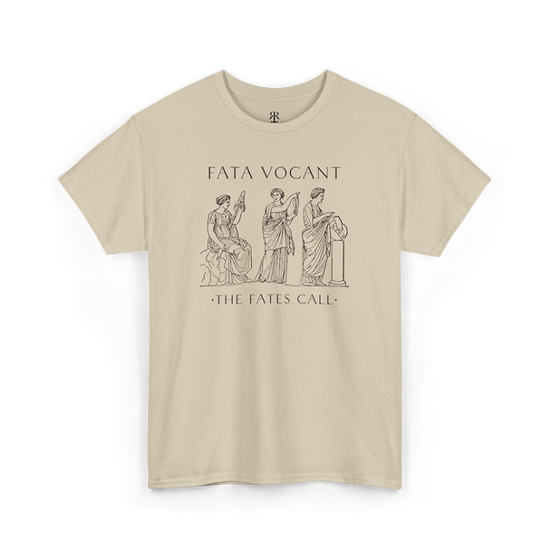 Sand crew neck t-shirt with a graphic print of three female figures and the text 'FATA VOCANT - THE FATES CALL' on the front.
