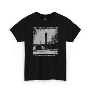 Black T-shirt with 'Throbbing Gristle' band name and text 'MUSIC FROM THE DEATH FACTORY BY THROBBING GRISTLE' printed on the front