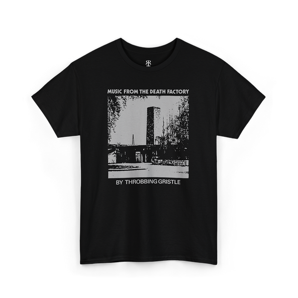 Black T-shirt with 'Throbbing Gristle' band name and text 'MUSIC FROM THE DEATH FACTORY BY THROBBING GRISTLE' printed on the front