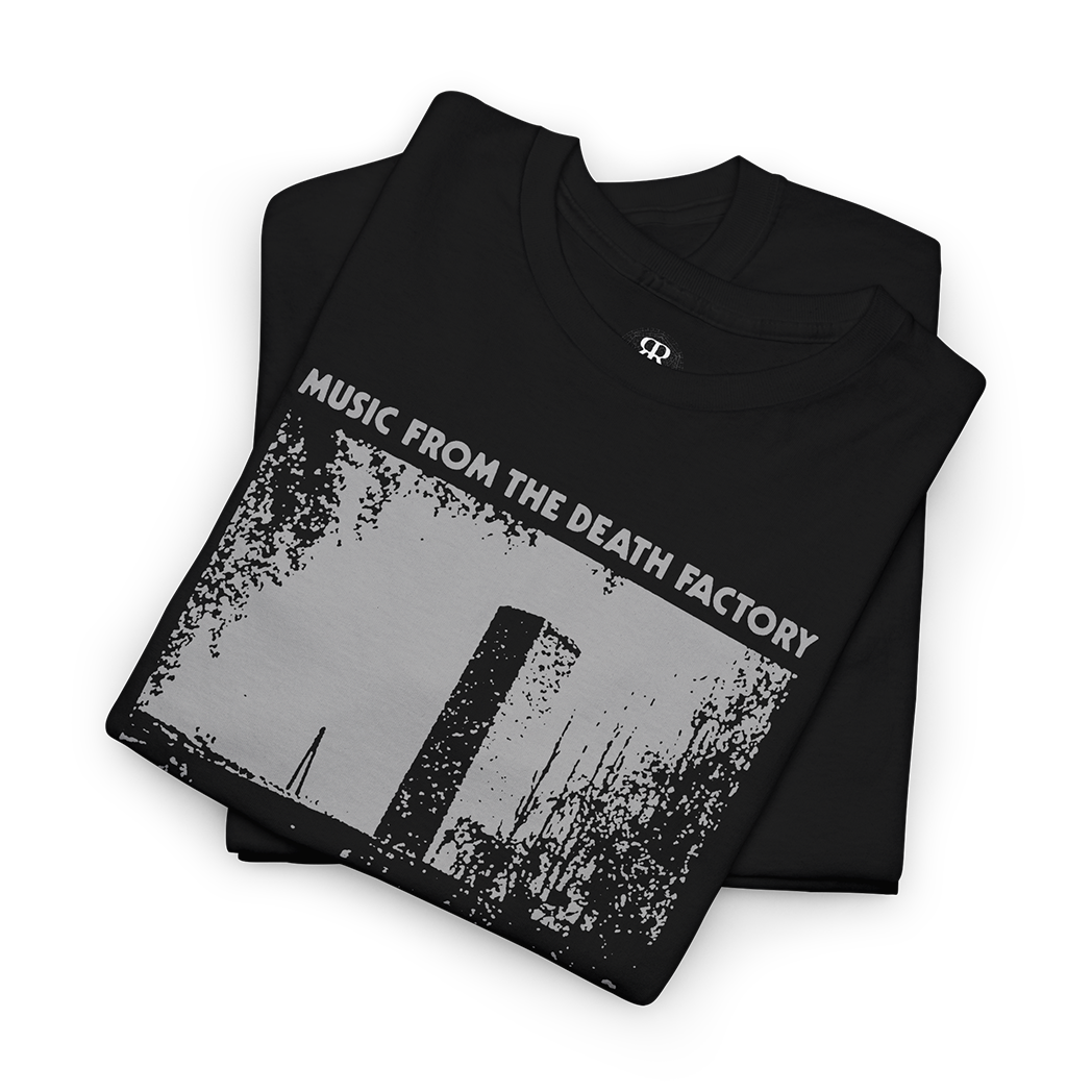 Black T-shirt with 'Throbbing Gristle' band name and text 'MUSIC FROM THE DEATH FACTORY BY THROBBING GRISTLE' printed on the front