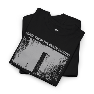 Black T-shirt with 'Throbbing Gristle' band name and text 'MUSIC FROM THE DEATH FACTORY BY THROBBING GRISTLE' printed on the front