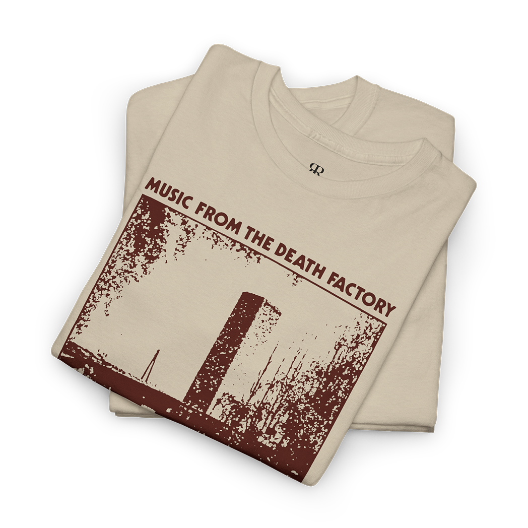 Sand T-shirt with 'Throbbing Gristle' band name and text 'MUSIC FROM THE DEATH FACTORY BY THROBBING GRISTLE' printed on the front