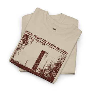 Sand T-shirt with 'Throbbing Gristle' band name and text 'MUSIC FROM THE DEATH FACTORY BY THROBBING GRISTLE' printed on the front