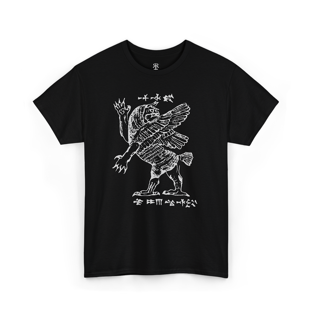 Black T-shirt with a white graphic print of the mythological figure Tiamat.