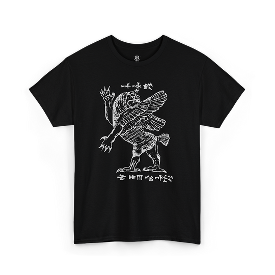Black T-shirt with a white graphic print of the mythological figure Tiamat.