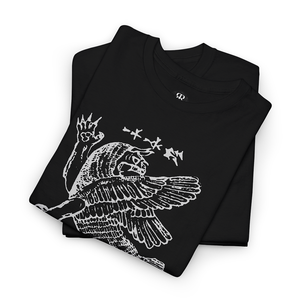 Black T-shirt with a white graphic print of the mythological figure Tiamat.