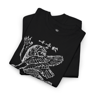 Black T-shirt with a white graphic print of the mythological figure Tiamat.