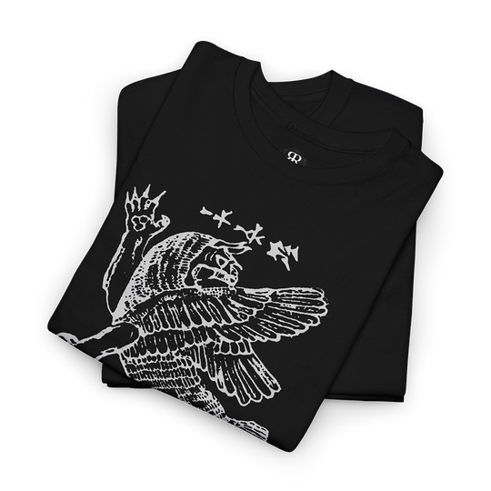 Black T-shirt with a white graphic print of the mythological figure Tiamat.