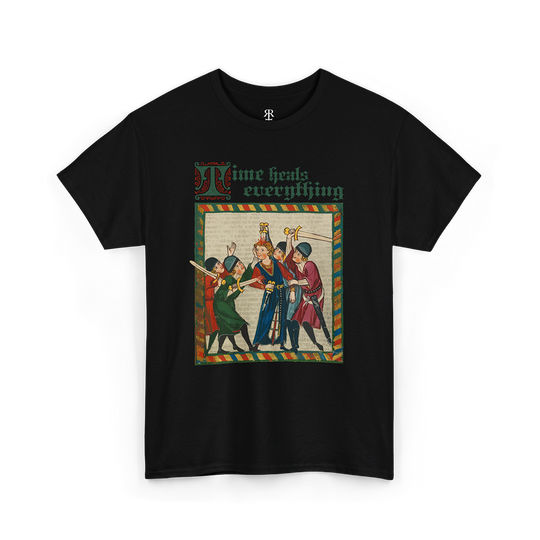Black T-shirt featuring a medieval illustration of warriors killing their opponent and the phrase 'Time heals everything' at the top.