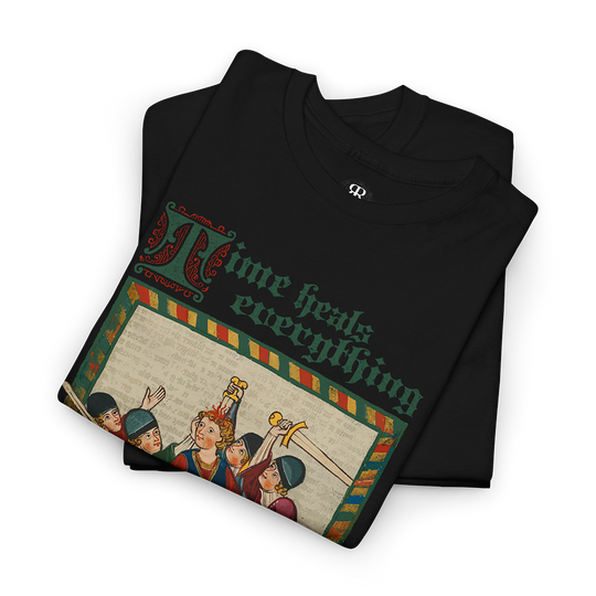 Black T-shirt featuring a medieval illustration of warriors killing their opponent and the phrase 'Time heals everything' at the top.