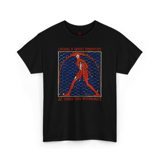 Black t-shirt saying Lacking a Grand Narrative We Carry Tiny Mythologies