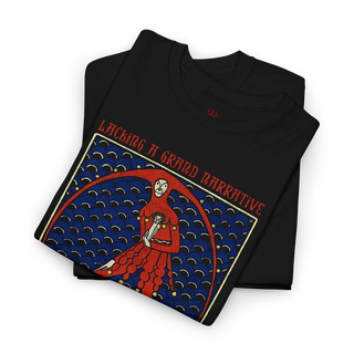 Black t-shirt saying Lacking a Grand Narrative We Carry Tiny Mythologies