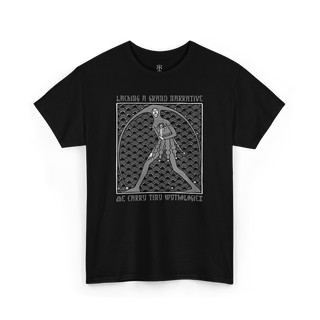 Black t-shirt saying Lacking a Grand Narrative We Carry Tiny Mythologies