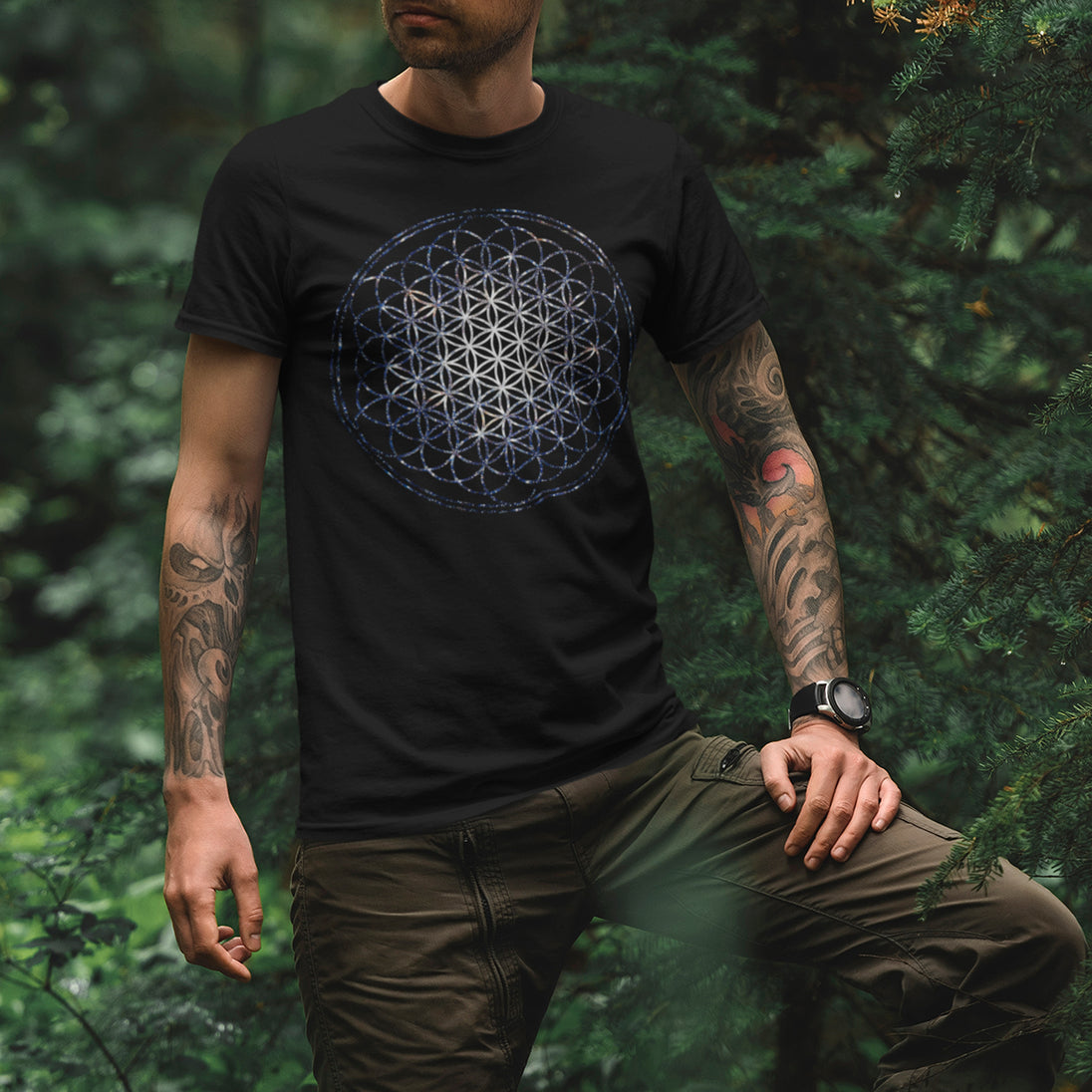 Man wearing Flower of Life T-Shirt in forest setting