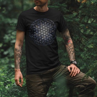Man wearing Flower of Life T-Shirt in forest setting