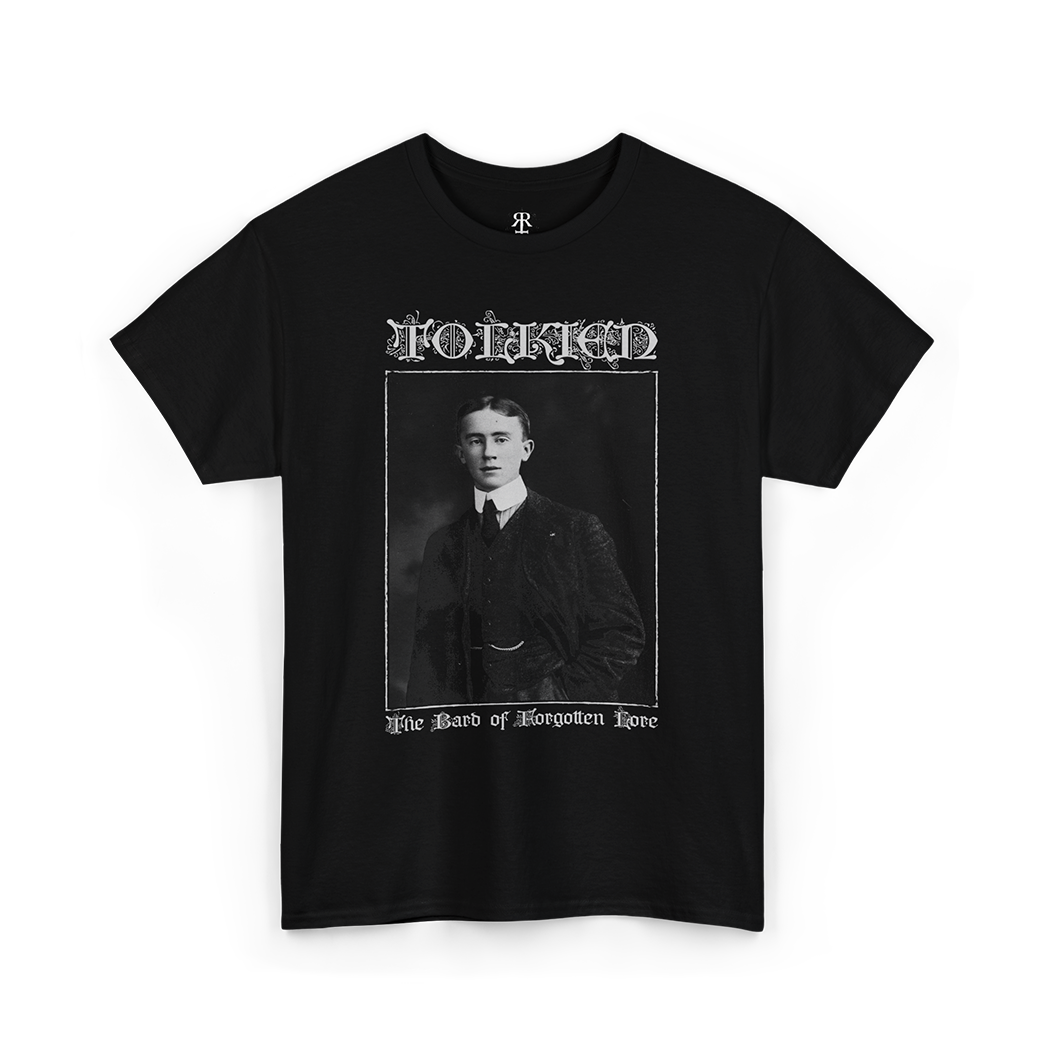 J. R. R. Tolkien T-Shirt, showinh his portrait and saying The Bard of Forgotten Lore