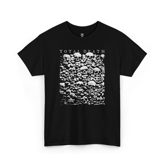 Black T-shirt with a graphic print of human skulls and the text 'TOTAL DEATH' on the front.