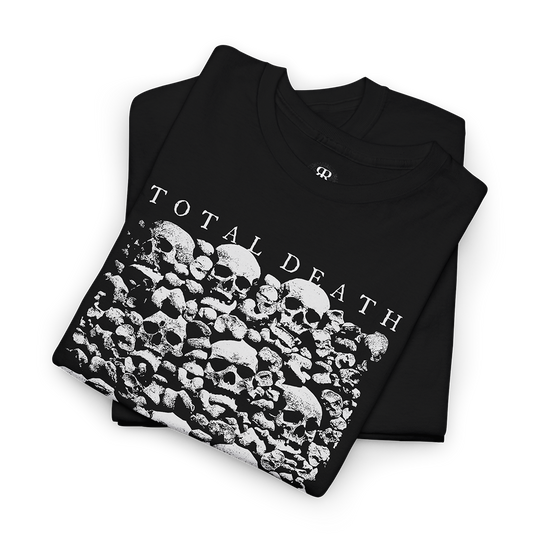 Black T-shirt with a graphic print of human skulls and the text 'TOTAL DEATH' on the front.