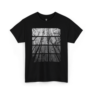 A black crew neck t-shirt with a graphic print of trees in a forest setting on the front.